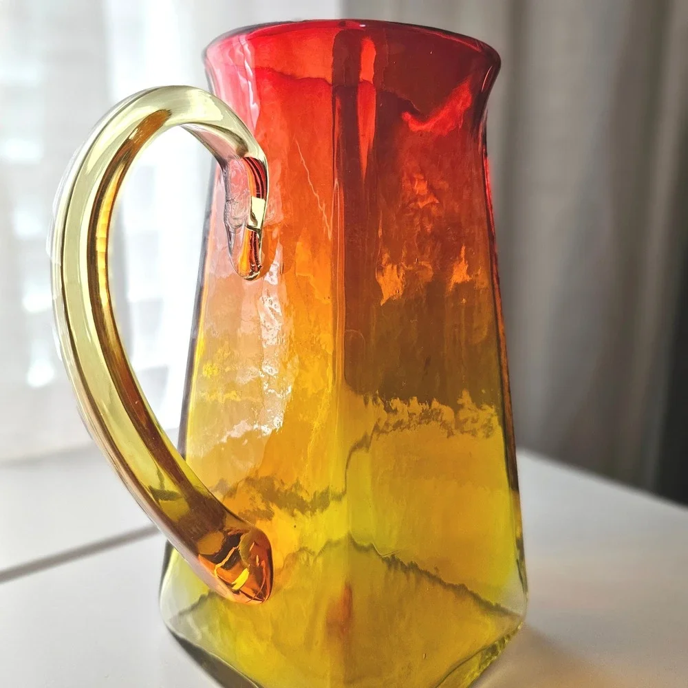 Vtg Blenko 603 Tangerine Amberina Square Hand Blown Art Glass Pitcher
